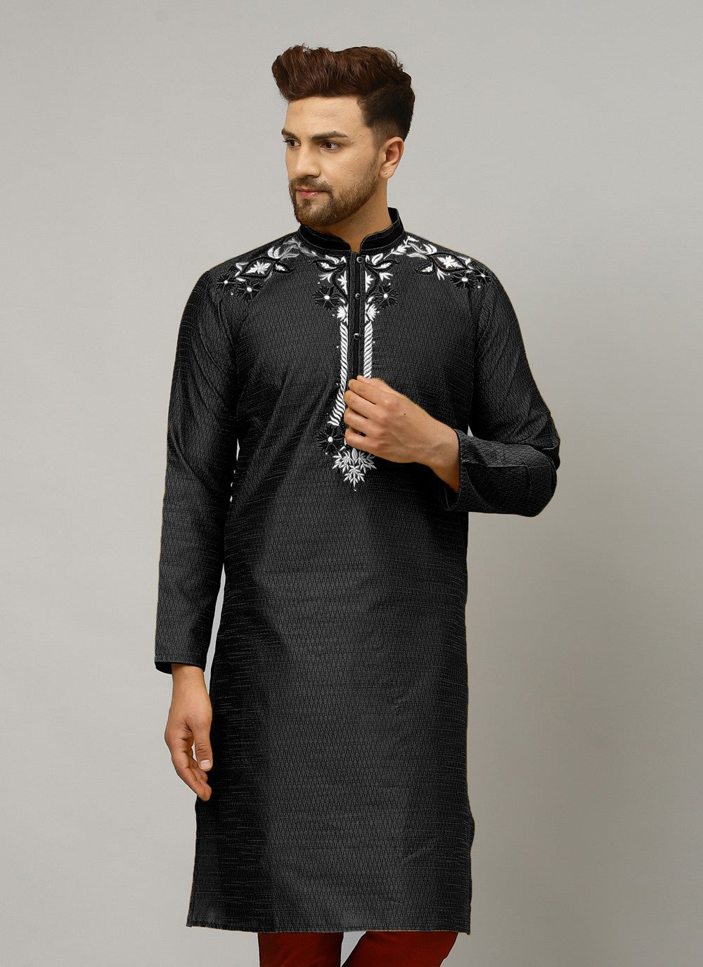 Embroidered Art Dupion Silk Black Kurta - M4233