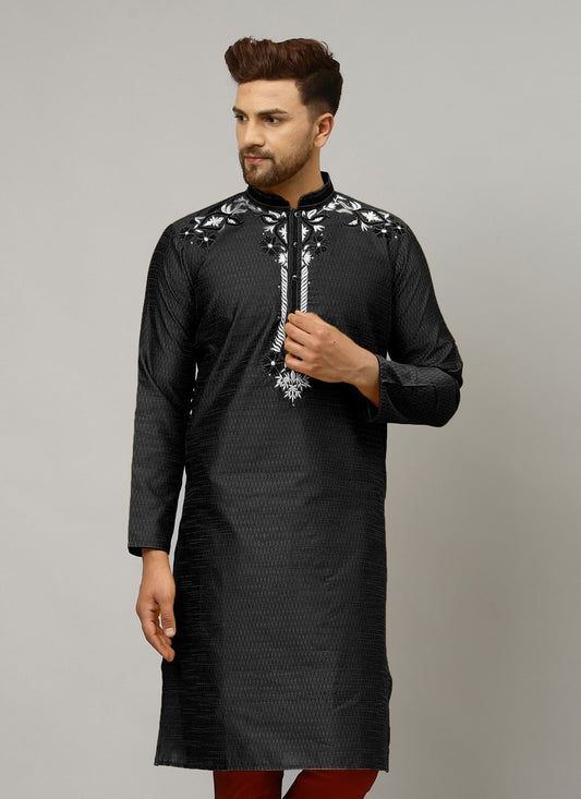 Embroidered Art Dupion Silk Black Kurta - M4233