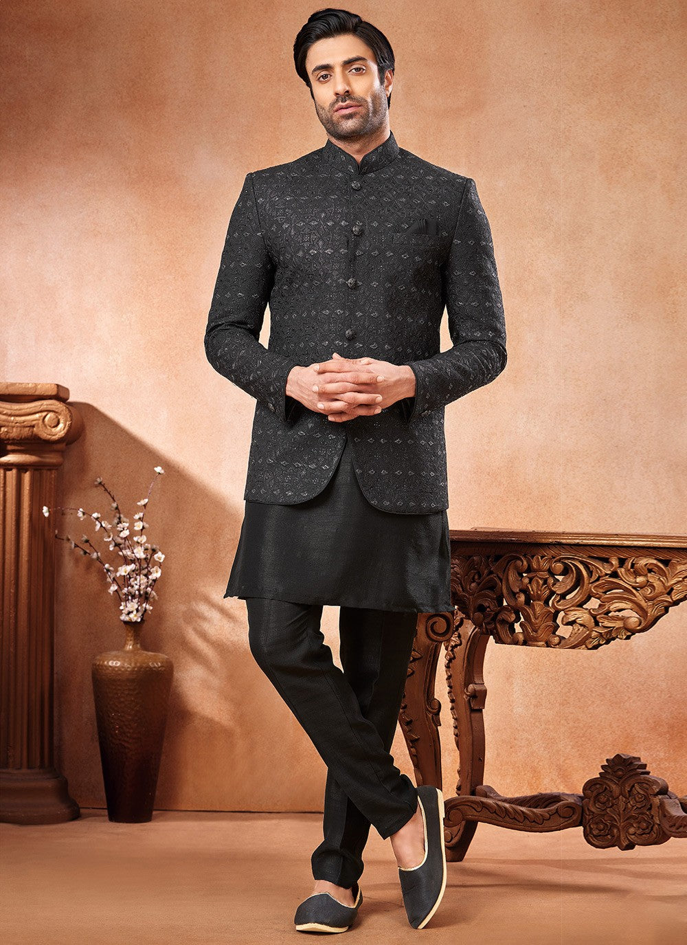Embroidered Banarasi Silk Black Jodhpuri Suit - M6672