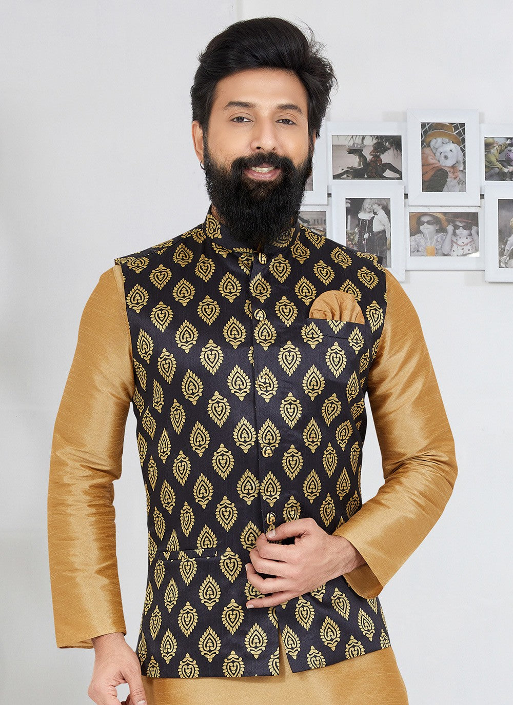 Printed Banarasi Silk Black Nehru Jackets - M7479