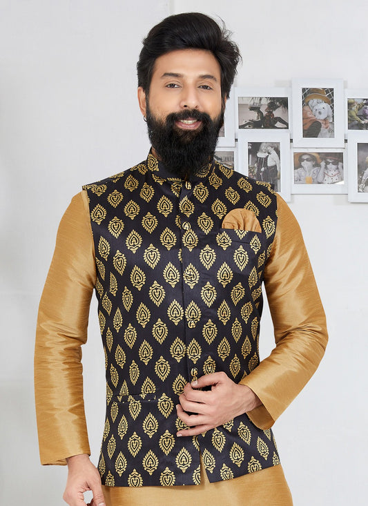 Printed Banarasi Silk Black Nehru Jackets - M7479
