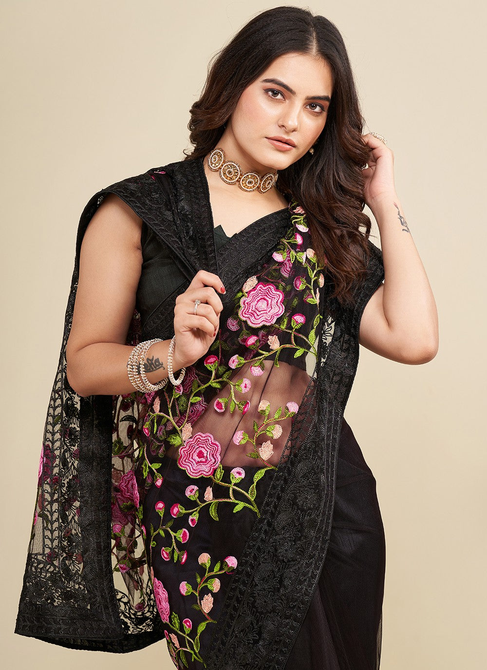 Trendy Embroidered Net Saree - S5091