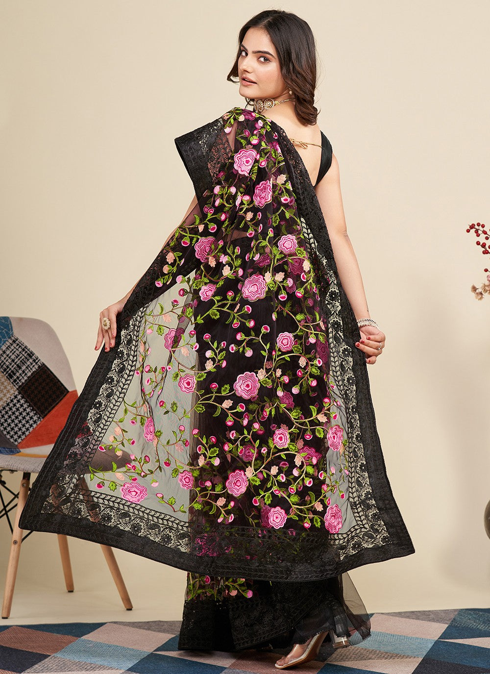 Trendy Embroidered Net Saree - S5091