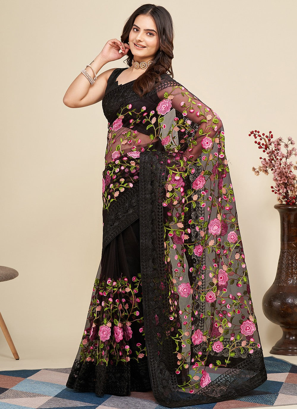 Trendy Embroidered Net Saree - S5091