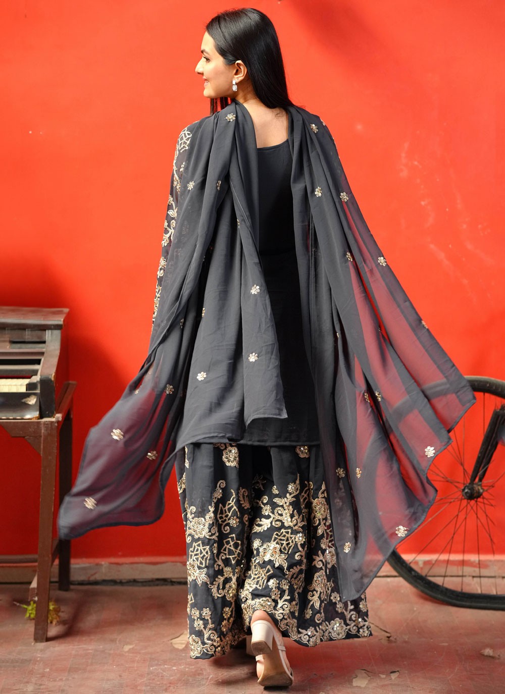 Palazzo Suit Embroidered, Sequins, Zari Black T7147