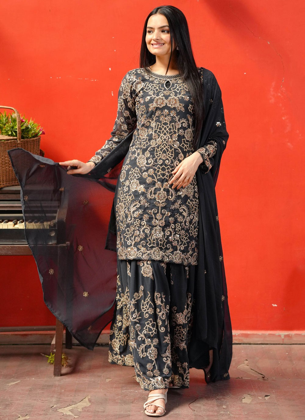 Palazzo Suit Embroidered, Sequins, Zari Black T7147