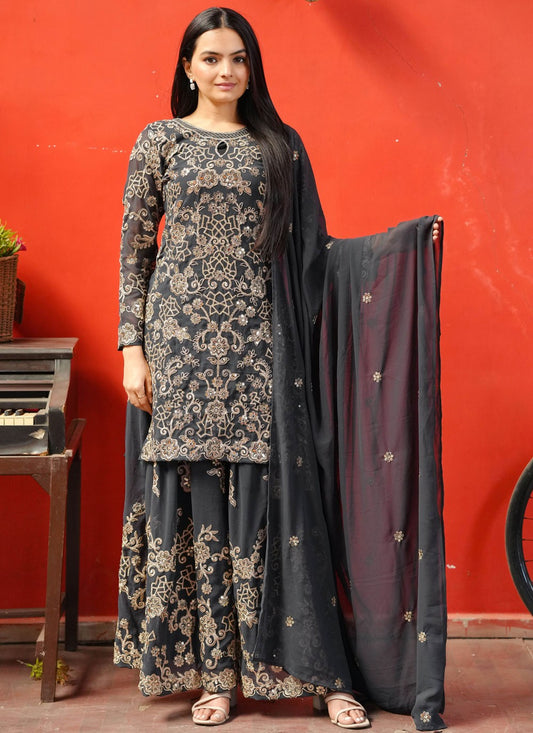 Palazzo Suit Embroidered, Sequins, Zari Black T7147