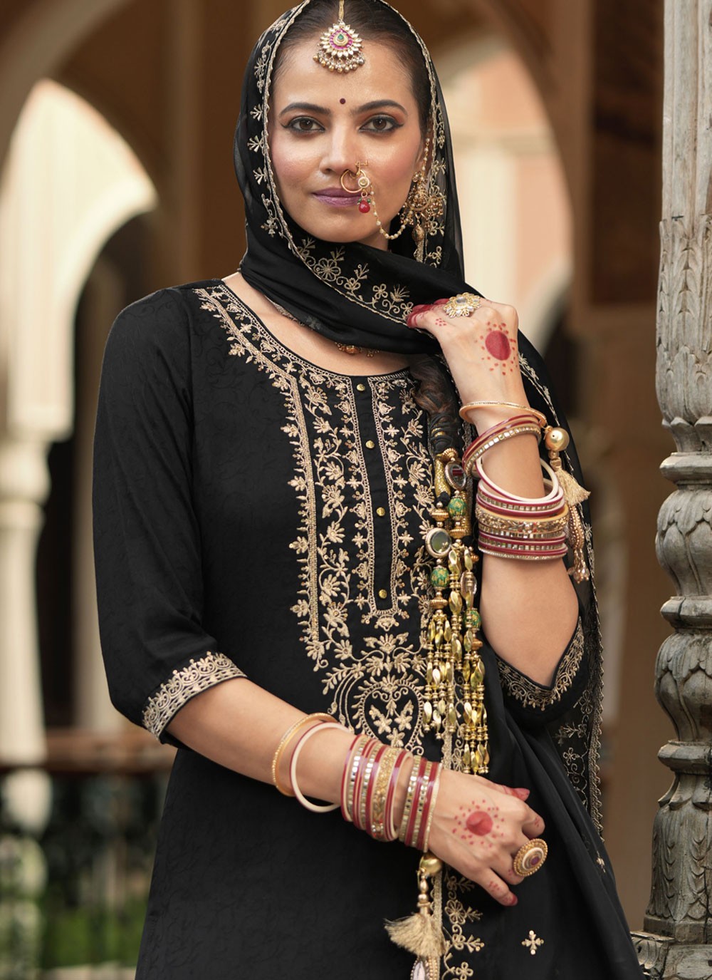 Dhoti Style Patiala Suit Embroidered, Resham Black T7847