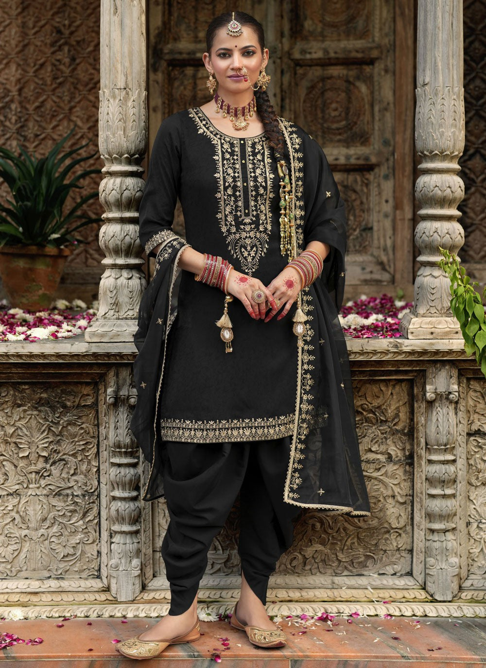 Dhoti Style Patiala Suit Embroidered, Resham Black T7847