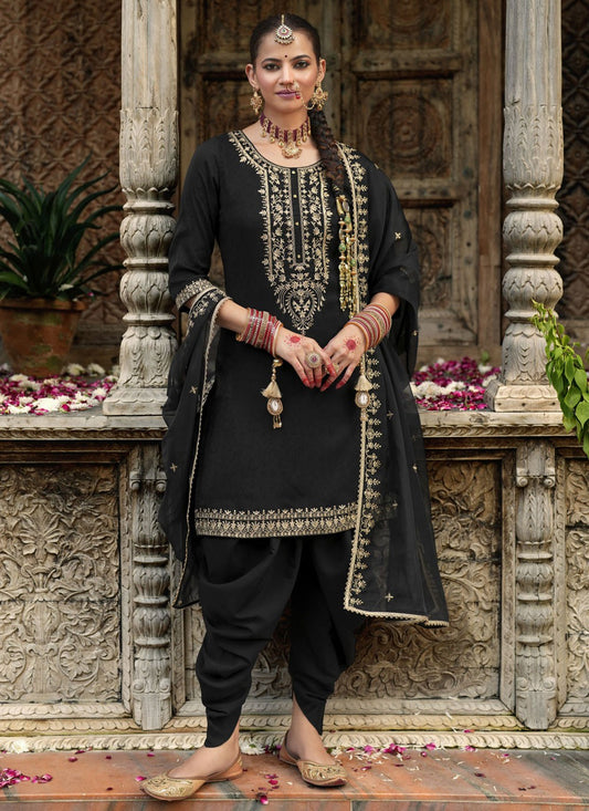 Dhoti Style Patiala Suit Embroidered, Resham Black T7847