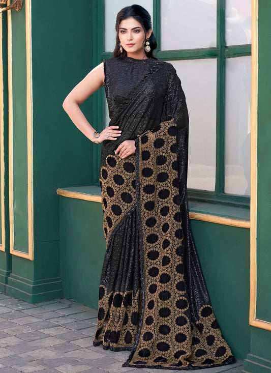 Beads Velvet Black Saree S14067