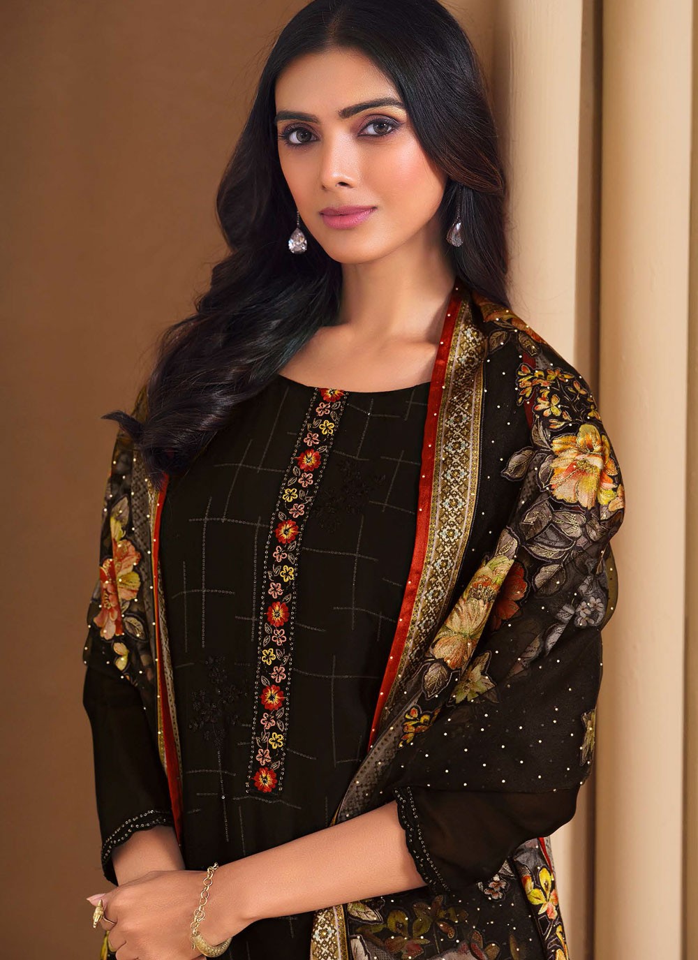 Pant Style Suit Embroidered Black T7245