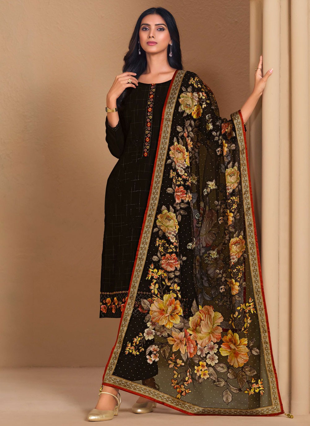 Pant Style Suit Embroidered Black T7245