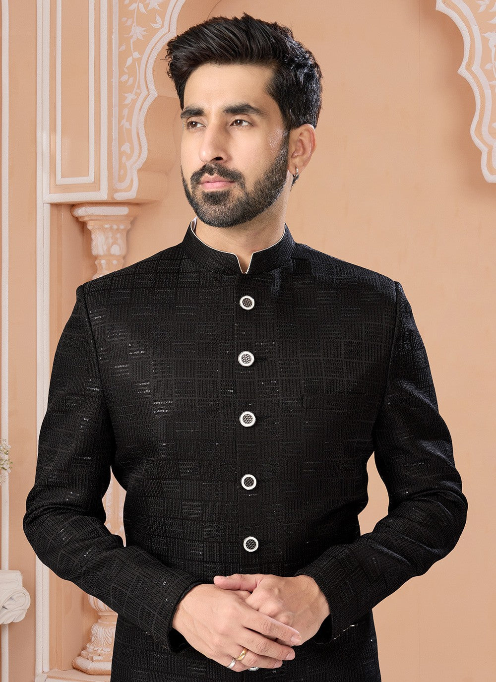 Embroidered Jacquard Black Indo Western Sherwani - M6897