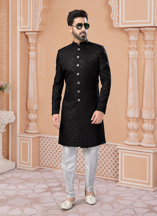 Embroidered Jacquard Black Indo Western Sherwani - M6897
