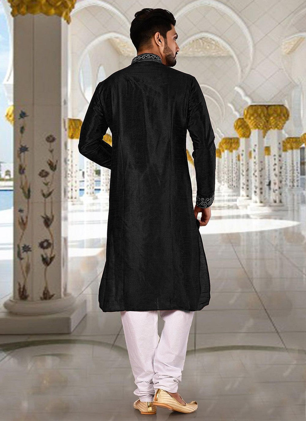 Aari Work Dupion Silk Black Kurta Pyjama - M2281