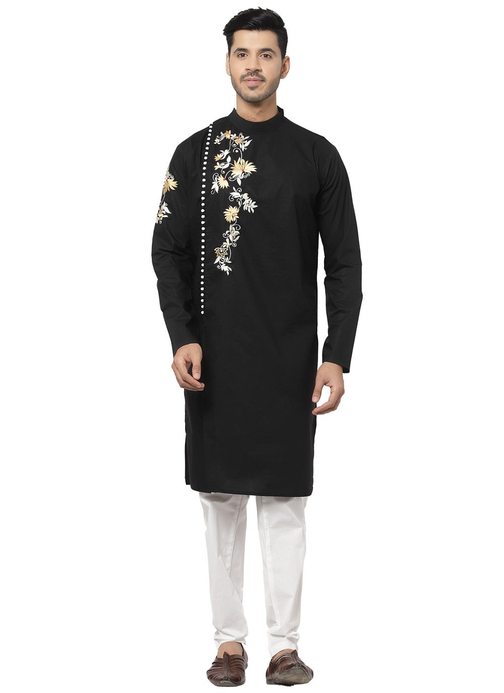 Embroidered Cotton Black Kurta Pyjama - M3194