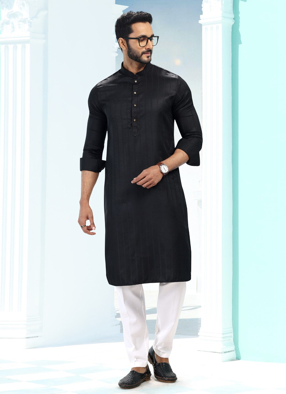 Fancy Work Silk Black Kurta Pyjama - M5188