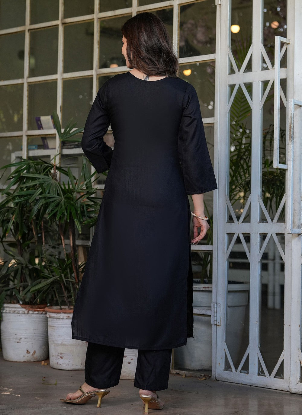 Embroidered Rayon Black Pant Style Suit T6087