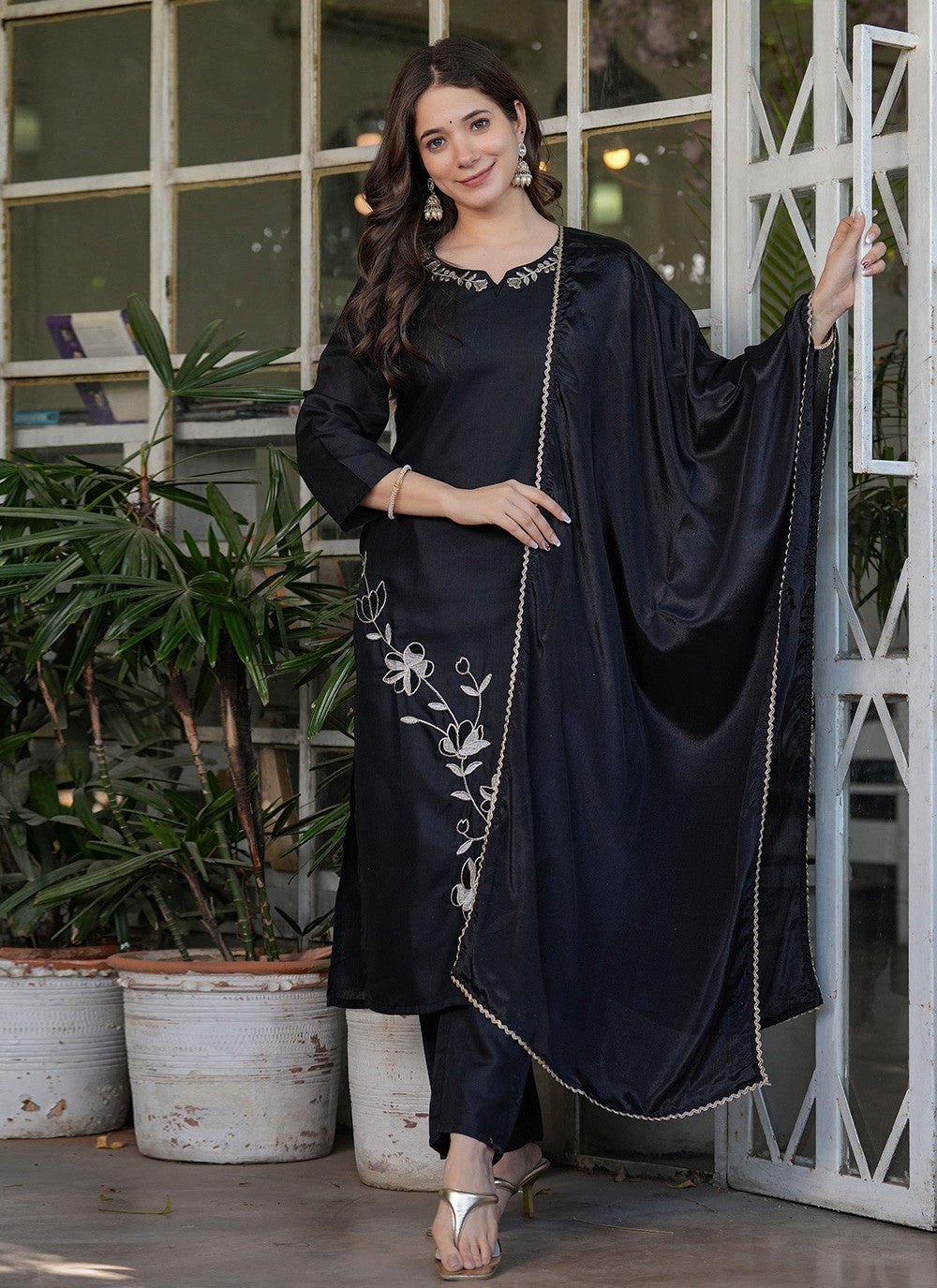 Embroidered Rayon Black Pant Style Suit T6087