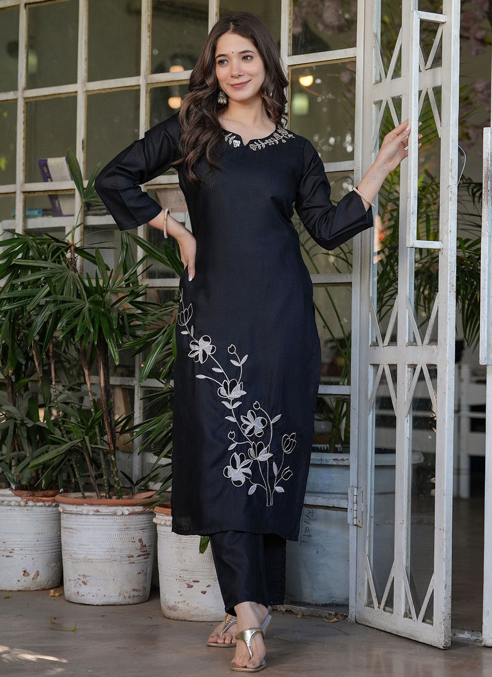 Embroidered Rayon Black Pant Style Suit T6087