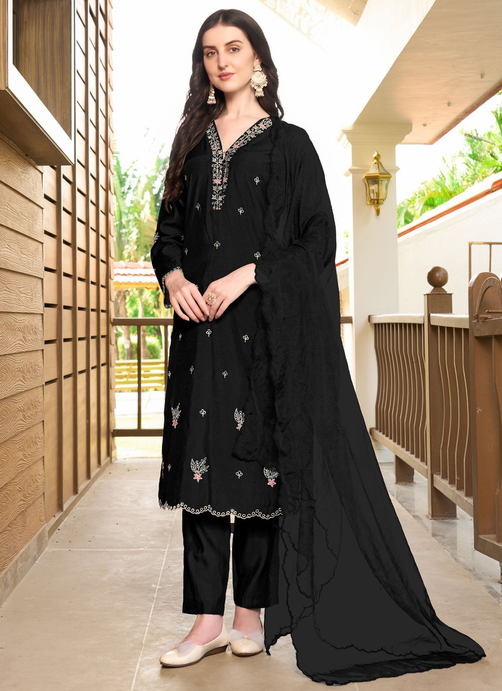 Salwar Suit Embroidered Black Silk T5339