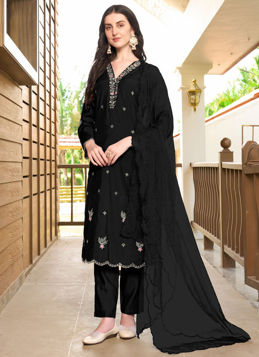 Salwar Suit Embroidered Black Silk T5339