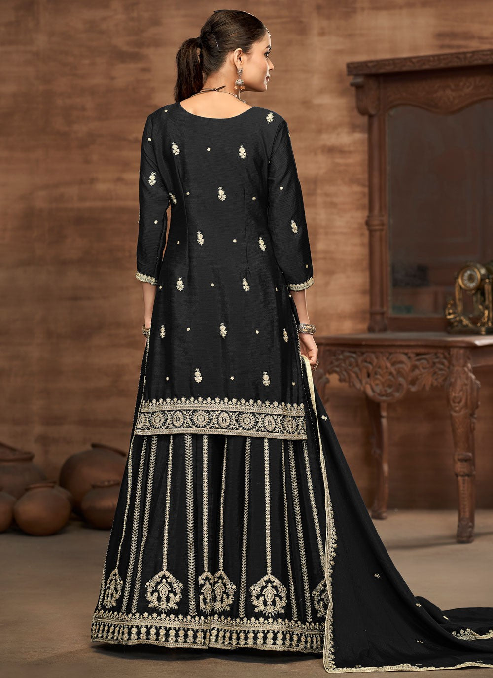 Sharara Suit Embroidered, Sequins, Zari Black T6969