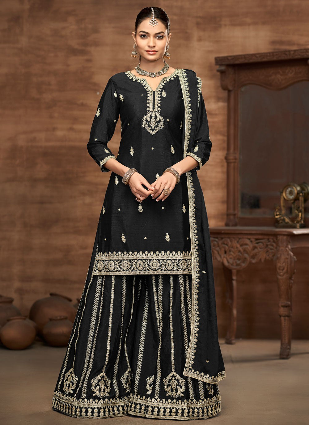Sharara Suit Embroidered, Sequins, Zari Black T6969