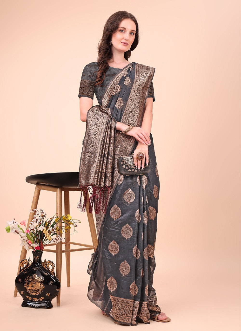 Woven Cotton Black Contemporary Saree S15156