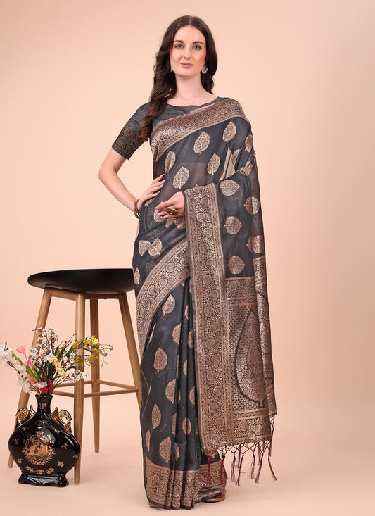 Woven Cotton Black Contemporary Saree S15156