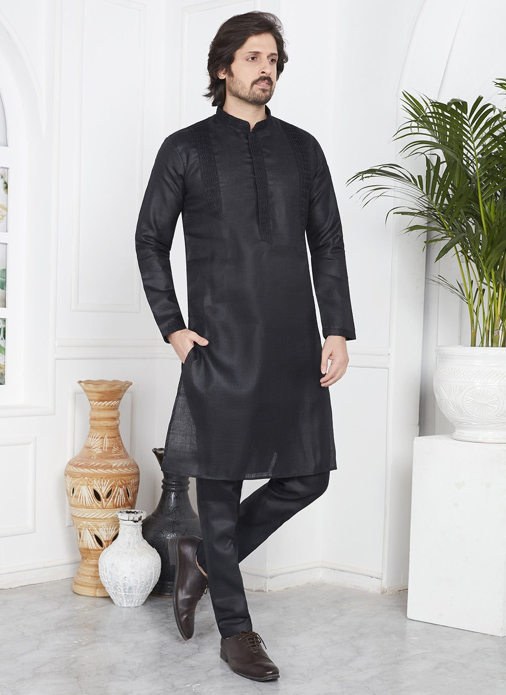 Fancy Work Cotton , Linen Black Kurta Pyjama - M7096
