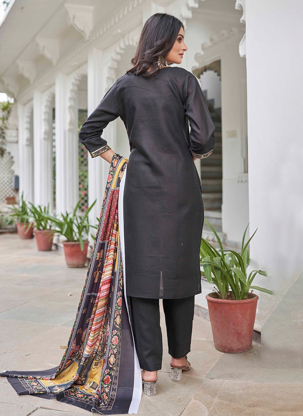 Pant Style Suit Embroidered Black Cotton T5001