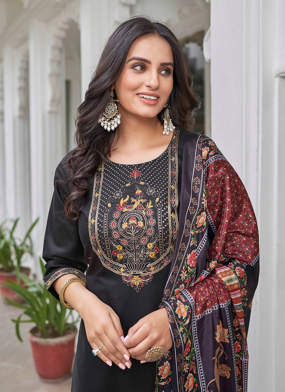 Pant Style Suit Embroidered Black Cotton T5001