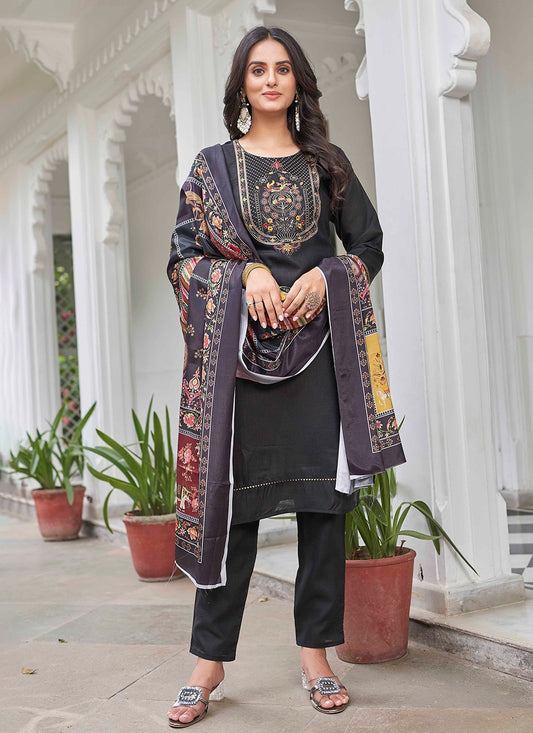 Pant Style Suit Embroidered Black Cotton T5001