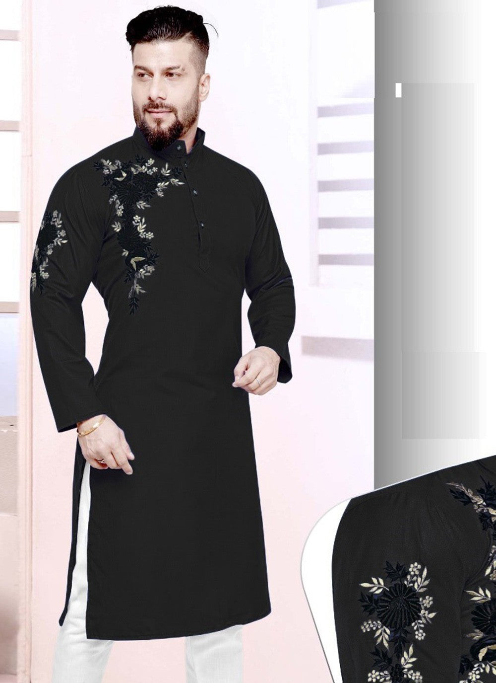 Resham Cotton Black Kurta - M2253