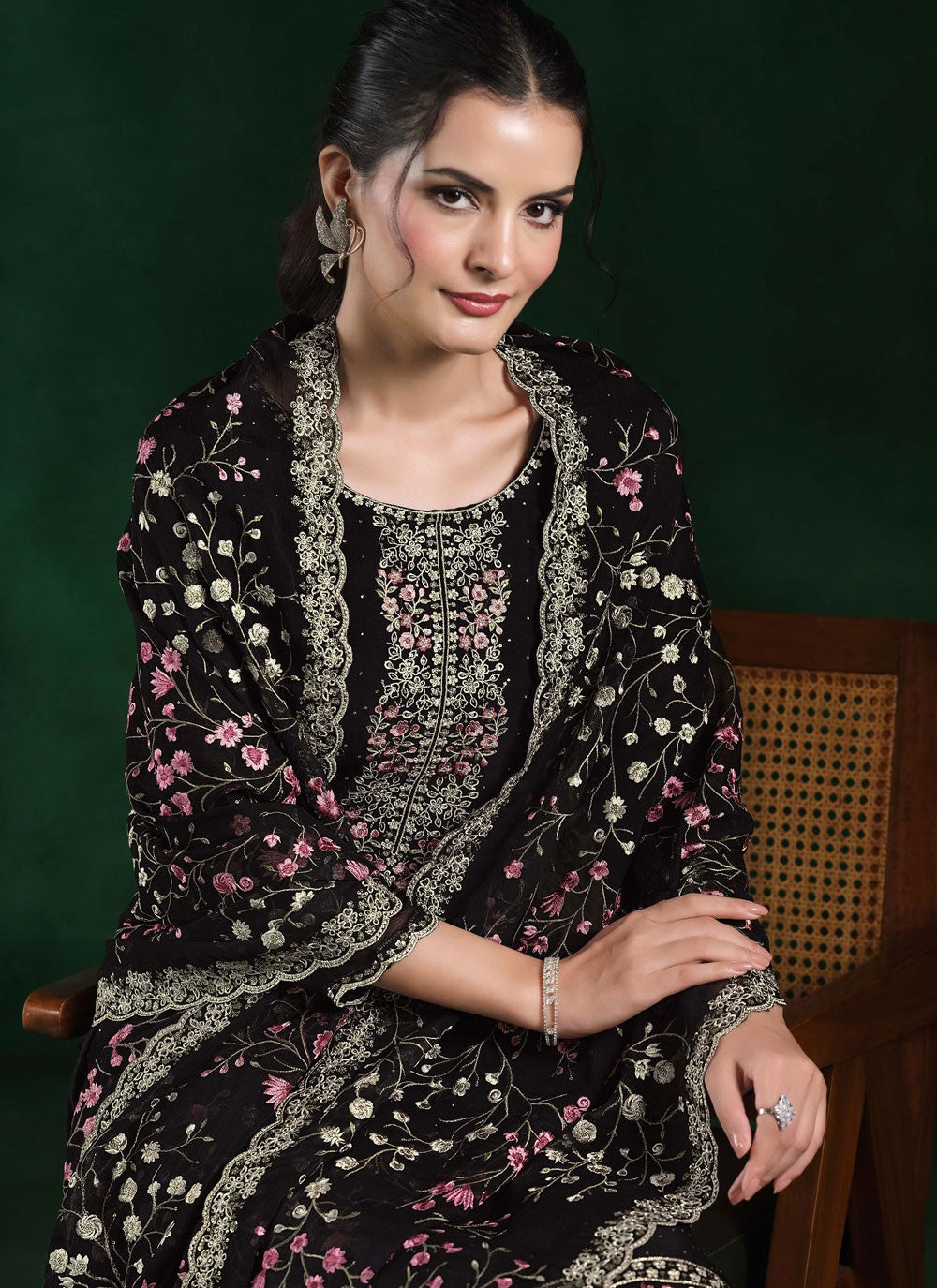 Pant Style Suit Cutdana, Embroidered, Zari Black T7306