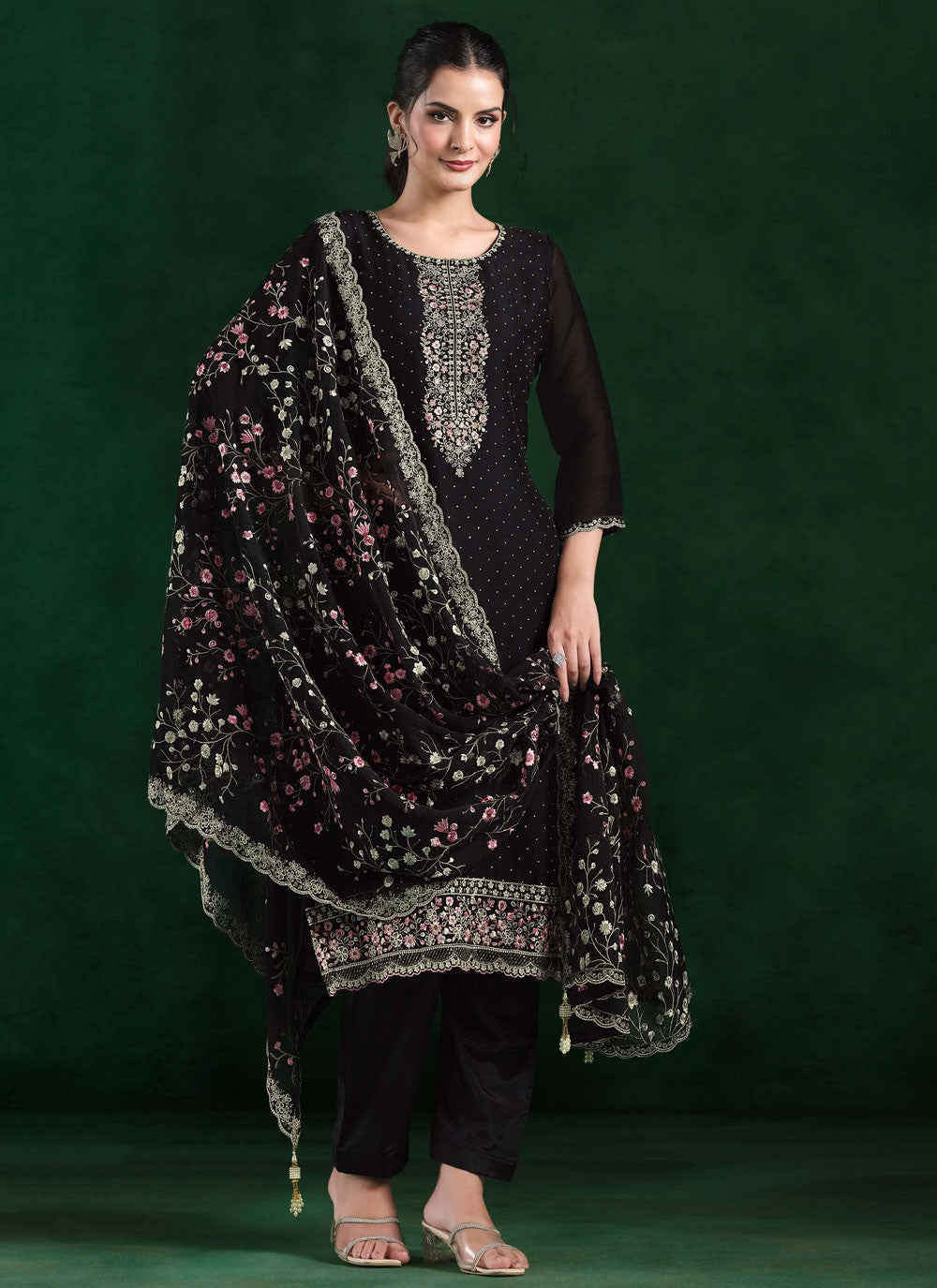 Pant Style Suit Cutdana, Embroidered, Zari Black T7306