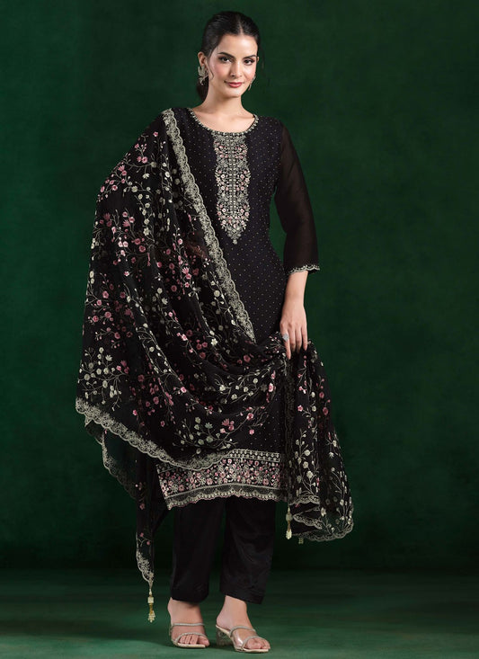 Pant Style Suit Cutdana, Embroidered, Zari Black T7306