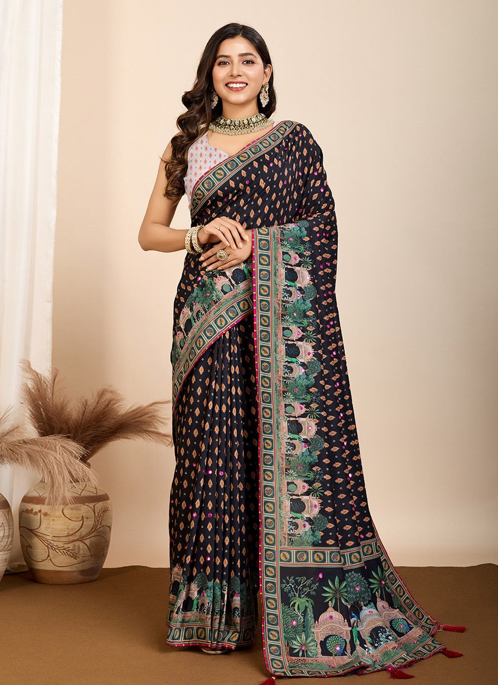 Digital Print Cotton Black Saree S14162