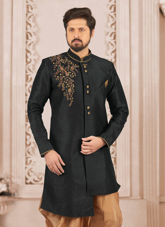 Embroidered Dupion Silk Black Kurta - M6293