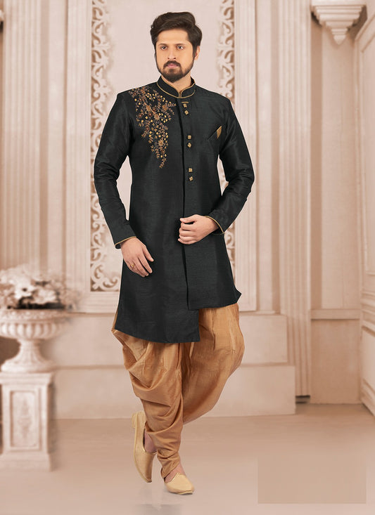 Embroidered Dupion Silk Black Indo Western - M6386