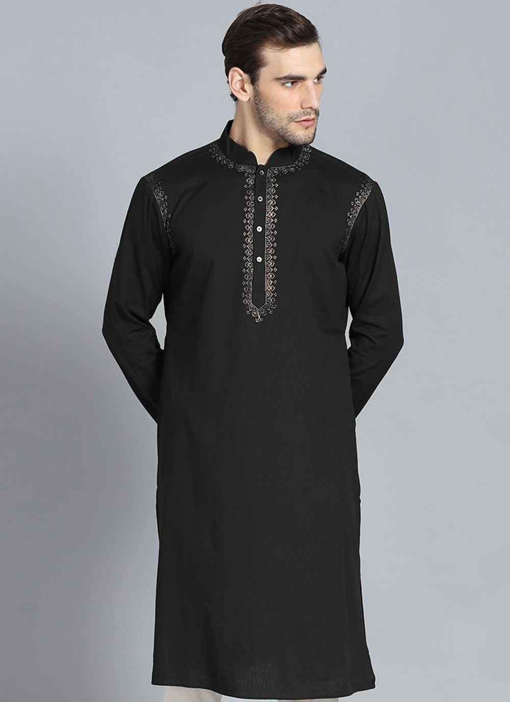 Embroidered Dupion Silk, Viscose Black Kurta - M2366