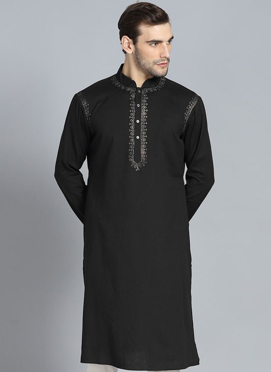 Embroidered Dupion Silk, Viscose Black Kurta - M2366