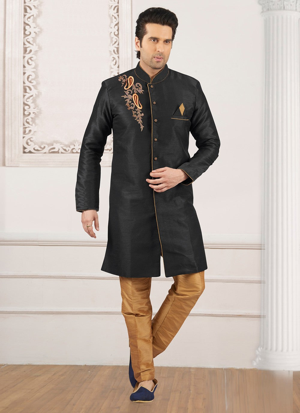 Embroidered Dupion Silk Black Indo Western - M6393