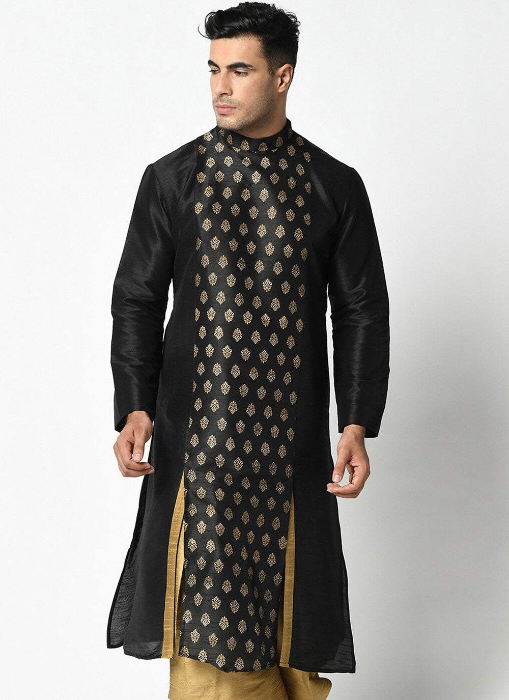 Weaving Zari Dupion Silk Black Kurta - M2272