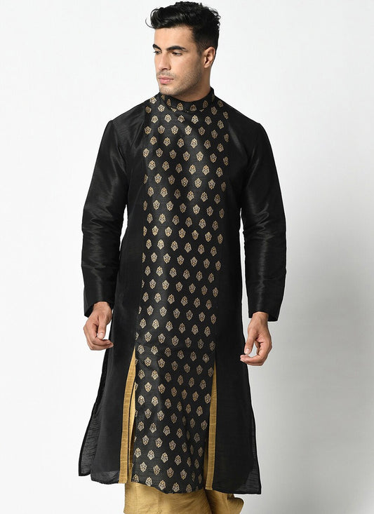 Weaving Zari Dupion Silk Black Kurta - M2272