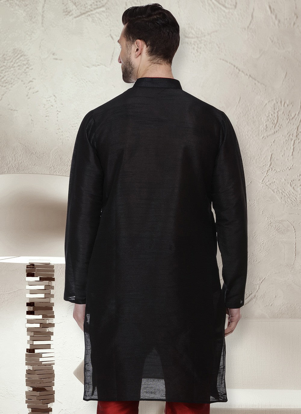Machine Embroidery Dupion Silk Black Kurta - M5651