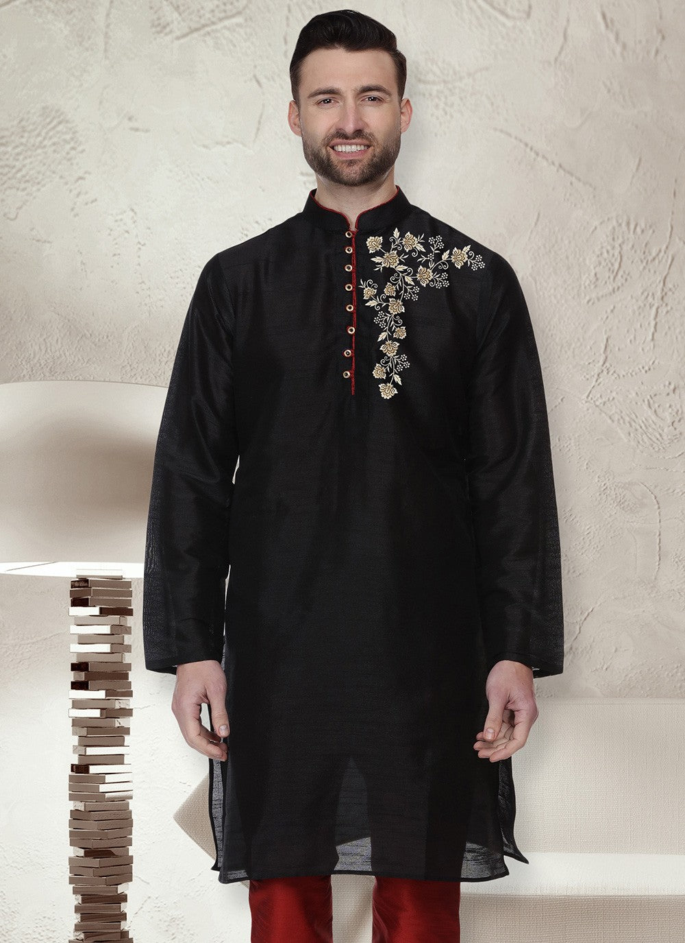 Machine Embroidery Dupion Silk Black Kurta - M5651