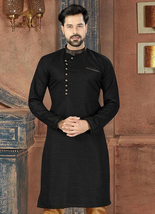 Plain Dupion Silk Black Kurta - M2000